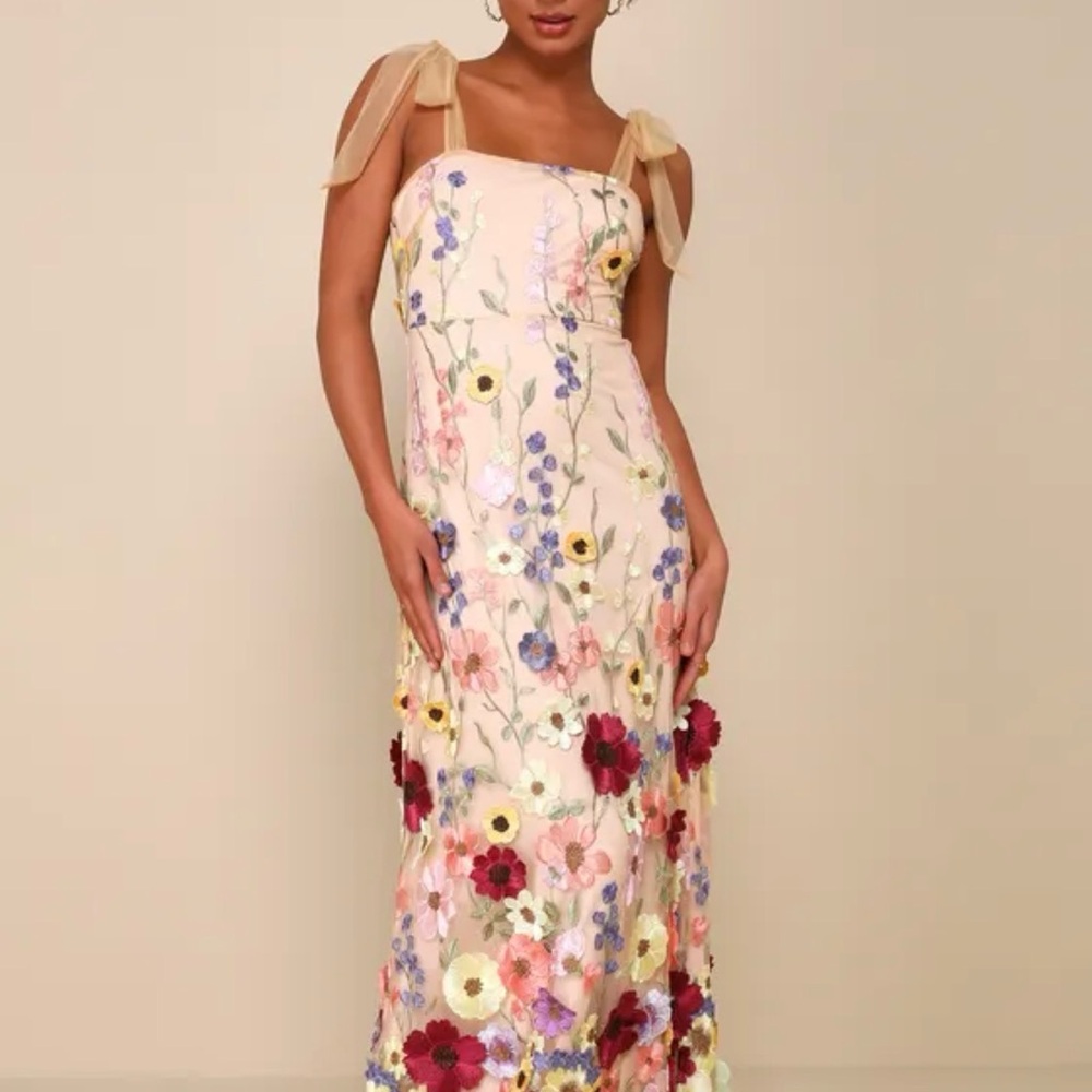 Lulu's Thriving Poise Blush 3D Floral Embroidered Tie-Strap Maxi Dress
